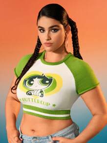 THE POWERPUFF GIRLS X SHEIN Plus Size Women's White Tight Fit Splice Sleeve Colorblock Striped Heart Graphic Sweater - Green - View 6