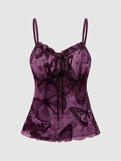 Fairycore Top de tirantes con volantes y estampado de mariposas con lazo delantero para mujer