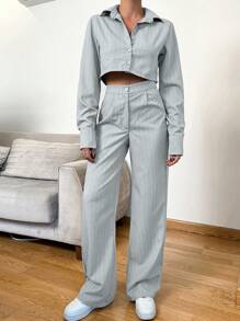 SHEIN Cottnline Striped Print Crop Blouse & Pants - Grey - View 6