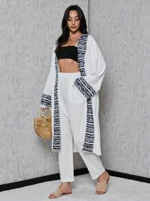 SHEIN Tall 垂肩和服裝配對比幾何圖案條紋和褲子，流蘇 - 白色 - 查看 3