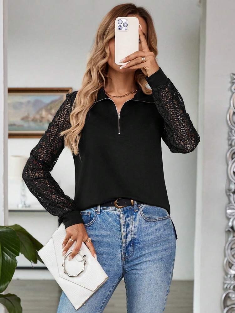 Ladies Zipper Long Sleeve Lace Slim Fit Elegant Elegant Charm Splicing Sweatshirt