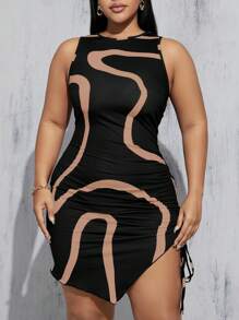 SHEIN Essnce Váy dây rút giảm béo vòng eo cỡ lớn mùa hè dành cho nữ,Váy bodycon Váy đường cong giản dị Váy mùa hè Váy mùa hè màu đen Váy đen trắng (Váy in bất đối xứng) - Màu Khaki - Xem 5