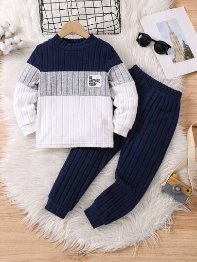 SHEIN 2pcs Young Boy Casual Colorblock Fleece Sweatshirt And Pants Set, Autumn/Winter Outfit Suitable For Outdoor, Multi-Occasions, Comfortable And Warm