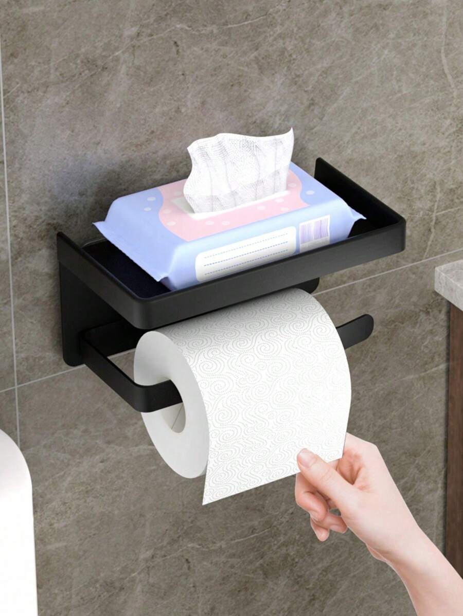 Black Toilet Paper Holder With Shelf And Phone Holder - Wall Mounted With Self-Adhesive Or Screw Mount Installation, Includes Roll Dispenser And Storage Function