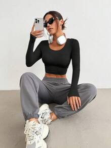 Easithlete Nuevo conjunto de ropa deportiva casual para mujeres, ropa informal con diseño transpirable y cómodo para correr al aire libre, entrenamiento, yoga - Negro - Ver 5