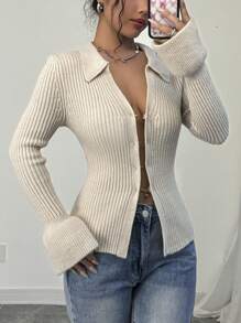 SHEIN Frenchy 女式长袖前开式舒适休闲毛衣，带纽扣环设计，秋季服装，秋季女装