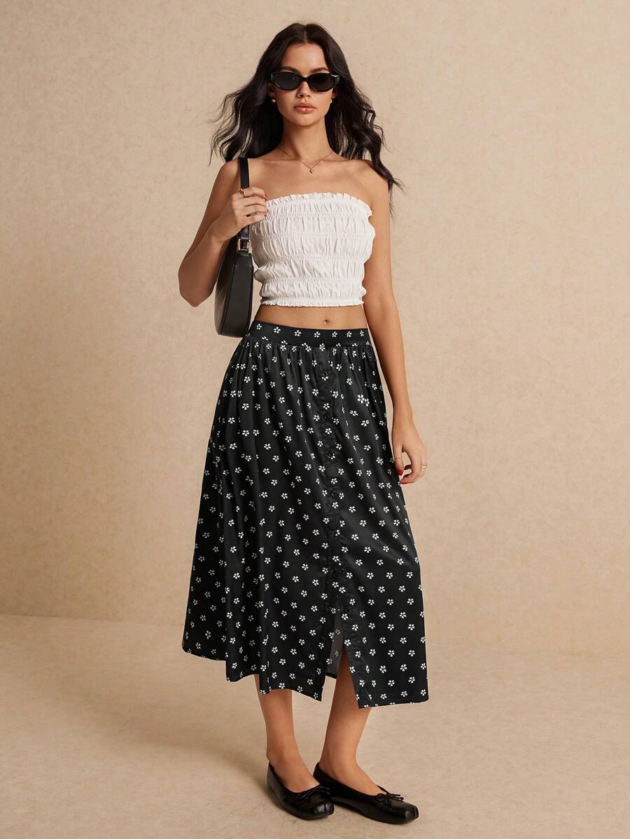 SHEIN Frenchy 小碎花几何印花开衩裙，田园风波西米亚风格，复古印花，女装，秋装，优雅，休闲女装，可爱裙子，黑色裙子，夏季女装，纽扣式，女装，纯色 - 黑色 - 查看 1