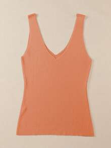 Acelitt 女士纯色休闲度假无袖V领羊毛针织背心，时尚露背 - 橘色 - 查看 5