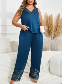 Lace Patchwork Plus Size Women's Sleeveless Top And Pants Pajama Set - Teal Blue - View 3