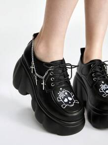ROMWE Goth Women Skull & Cross Print Chain Decor Platform Thick Sole Loafer Shoes