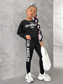 SHEIN 女小童字母圖案落肩袖套頭衫&緊身打底褲 - 黑色 - 查看 9