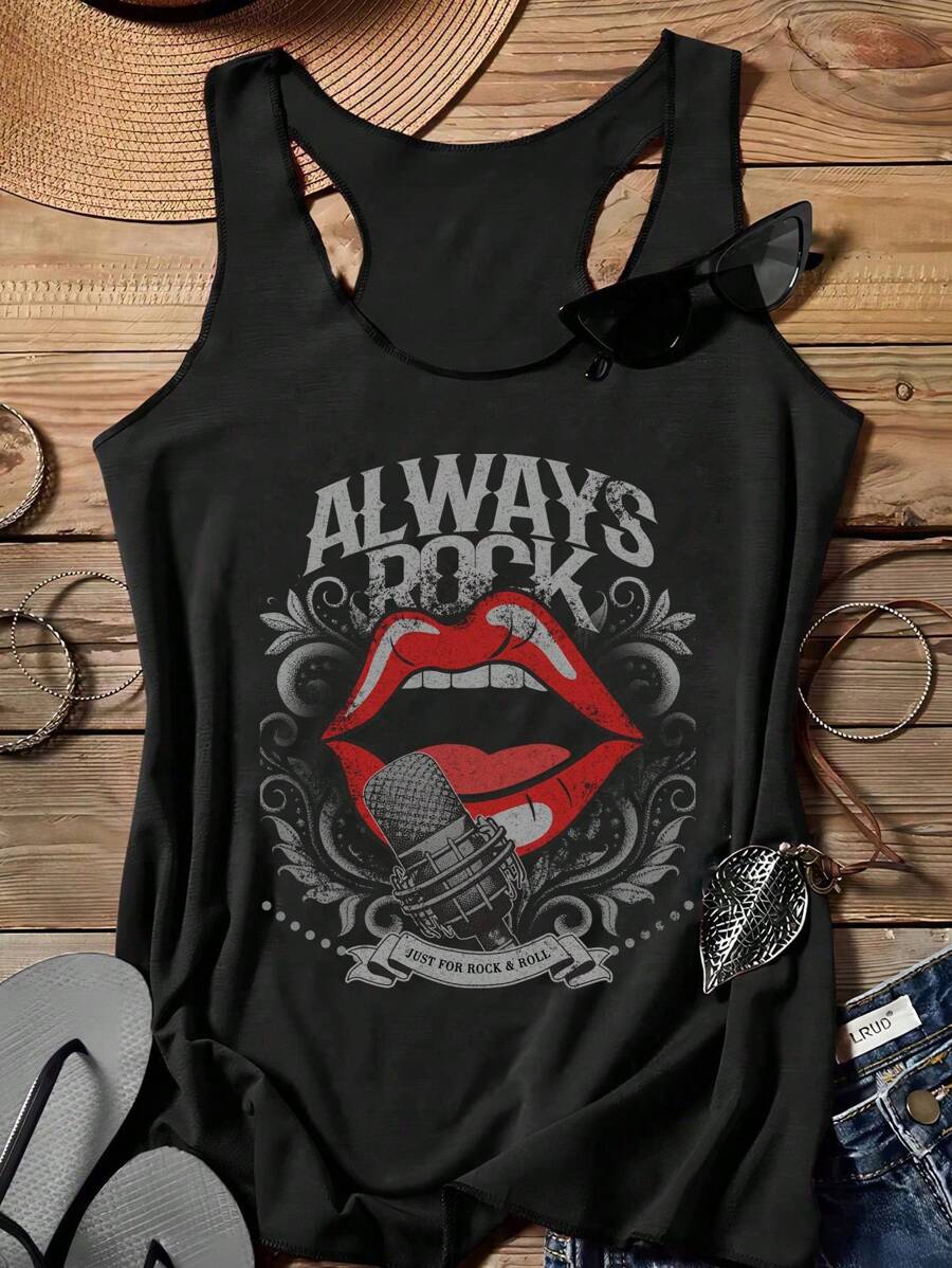 SHEIN LUNE 女士休闲唇印露背背心，夏季 - 黑色 - 查看 1