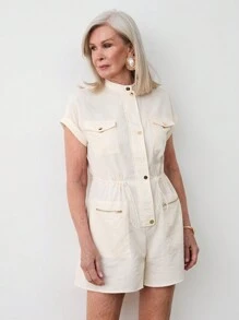 SHEIN LUNE Bộ đồ liền thân rút dây màu trơn thường ngày cho nữ - Màu be - Xem 5