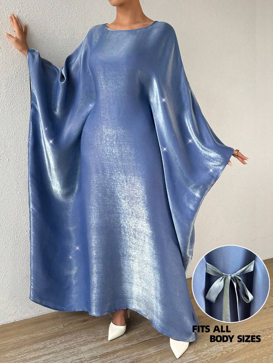 Elenzga Đầm Maxi Tay Cánh Dơi Bóng Cỡ Lớn Cho Nữ - Màu xanh lam - Xem 1