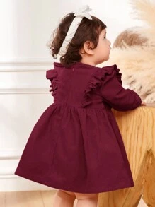 Cozy Pixies 女宝宝拼布荷叶边圆领长袖可爱连衣裙 - 酒紅色 - 查看 2
