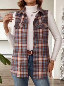 EMERY ROSE Women's Sleeveless Plaid Design Button Pocket Fashionable Woolen - Multicolor - View 5