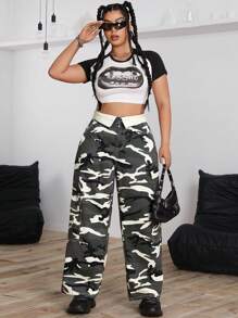 SHEIN ICON 大码女式休闲迷彩印花简约日常牛仔裤 - 彩色 - 查看 3