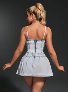SHEIN SXY Denim Spaghetti Strap Pleated Back Zipper Minimalist Short Casual Dress - Light Wash - View 7