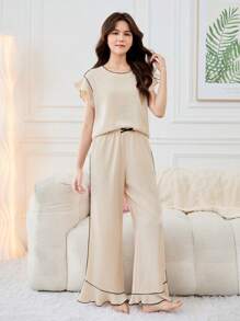 SHEIN Teen Girl's Casual Color-Block Ruffle Trim Short Sleeve Top And Pants Pajama Set - Beige - View 6