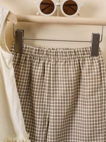 SHEIN 2 件套年轻女孩休闲无袖上衣和格子裤套装，春夏 - 杏色 - 查看 4