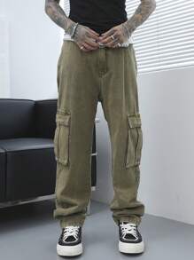 Manfinity EMRG Jeans de mezclilla con cinturón de estilo retro con bolsillos para hombres - Verde Oliva - Ver 6