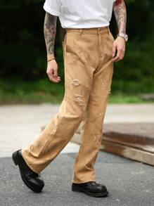 Manfinity Homme Men Ripped Straight Leg Jeans - Khaki - View 6