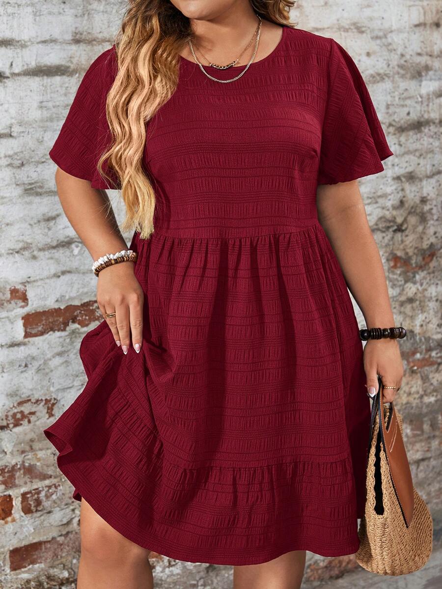 SHEIN LUNE Plus Size Crew Neck Batwing Ruched Ruched Hem Elegant Dress - Burgundy - View 1