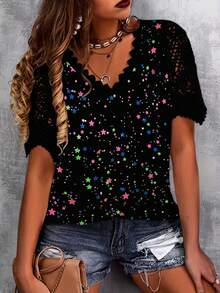 Plus Star Print Contrast Guipure Lace Tee, For Summer - Black - View 3