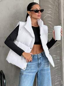 EURMUSE Short Vest With Two Pockets, Sleeves Puffer Jacket With Zip - White - View 10