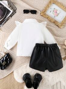 Baby Girl's White Ruffle Front Long Sleeve Blouse And Black Asymmetric Hem Shorts Set, Elegant Fashion Outfit For Spring/Fall