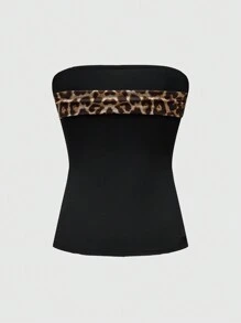 ROMWE Grunge Punk Y2K Gyaru Subculture Women Leopard Print Cropped Tube Top With Slit Hem - Black - View 2