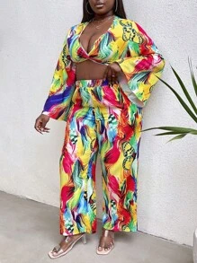 Maweii Conjunto De Regata Plus Size Feminina De Estampa Floral Com Frente Torcida, Manga Flare E Calça - Amarelo - Ver 4