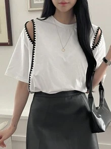 DAZY 女士纯色圆领短袖休闲上衣 - 白色 - 查看 4