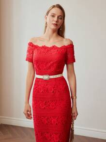 MOTF Women's Off-Shoulder Fitted Short Sleeve Summer Dress - Red - View 5