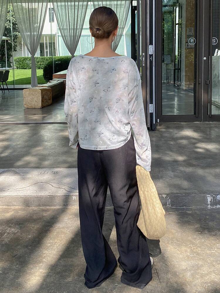Loose Floral Print Round Neck Long Sleeve T-Shirt For Women Sheer,Fall Clothes Graphic Tee