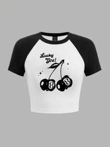 Attitoon 樱桃印花撞色圆领短袖紧身大码女式 T 恤，夏季，棉混纺