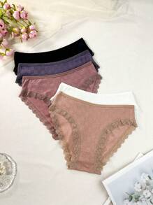 5pcs Ladies' High Waist Contrast Lace Triangle Panties - Multicolor - View 4