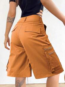 Flirla Pantalones cortos de carga holgados de varios bolsillos con cremallera de unicolor para mujer