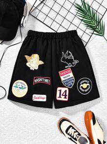 SHEIN Teenage Girls' Black Street Style Graphic Print Knit Summer Shorts