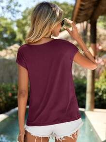SHEIN Clasi Women Simple Solid Color Draped Neck Short Sleeve T-Shirt - Maroon - View 2