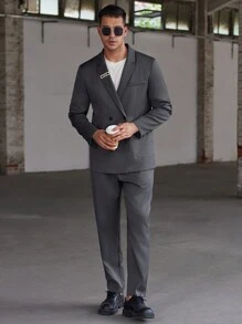 Manfinity Mode Bộ vest nam màu trơn hai hàng cúc, tay dài và quần tây, thích hợp cho các buổi lễ. - Xám - Xem 4