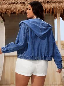 SHEIN LUNE Plus Size Women Simple Solid Color Daily Wear Hooded Long Sleeve Denim Jacket - Dark Wash - View 2