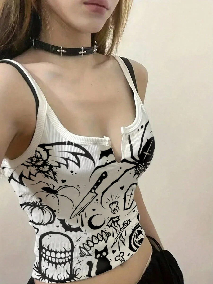 SHEIN ICON Women Notch Collar Printed Casual Daily Wear Summer Tank Top - White - View 1