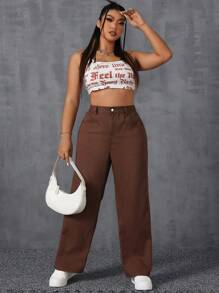 SHEIN ICON Plus Size Women Plain Simple Everyday Boyfriend Jeans - Coffee Brown - View 5