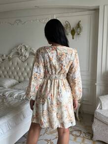 Flirla Plus Size V-Neck Long Sleeve Waist Ruched Elegant Allover Print Dress Fall Cloth For Women