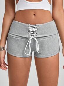 Easithlete Design cu șnur pentru damă, culoare uni, pantaloni scurți sport simpli și casual - Gri - Vizualizare 5