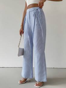 Firerie Women's Fashion High Waist Pleated Detail Drawstring Wide Leg Pants - Blue and White - View 5