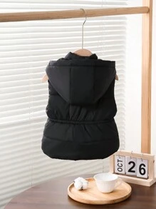 女婴加厚连帽无袖背心，休闲冬季外套 - 黑色 - 查看 2