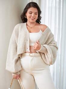 EURMUSE Plus Size Solid Color Button Up V-Neck Cardigan - Beige - View 3