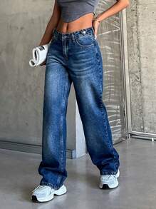 SHEIN Cottnline Low Waist Button Belt Detailed Straight Jean - Dark Wash - View 7